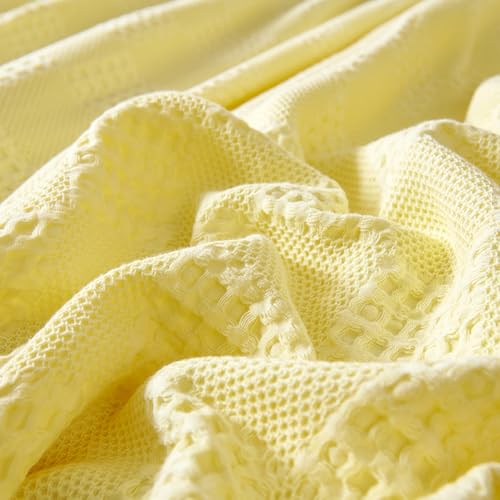 100% Cotton Waffle Weave Throw Blanket, Soft Lightweight Breathable Cozy Summer Throws for Bed and Couch/Sofa,Luxury Aesthetic Woven Blanket,Yellow,59 x 79 inch - color: Yellow, size: Single Size 59x79 inch