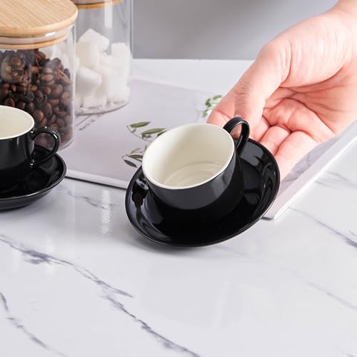 YOLIFE 2.5oz Espresso Cups Set of 4, Porcelain Stackable Espresso Cups, Expresso Shots Cup Set with Saucers and Metal Stand-Black - color: Black, size: 2.5oz