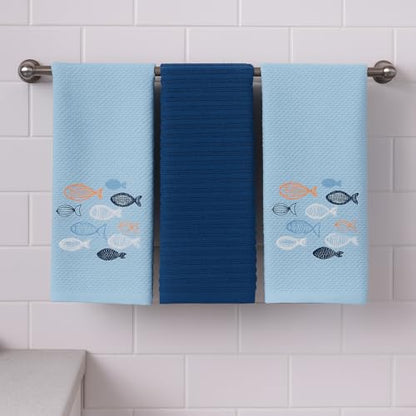 Coastal Kitchen Towels- Set of 3 Blue 100% Cotton Embroidered Whimsical School of Fish Design - 16 x 26 Multipurpose Towels for Everyday Use - color: School of Fish