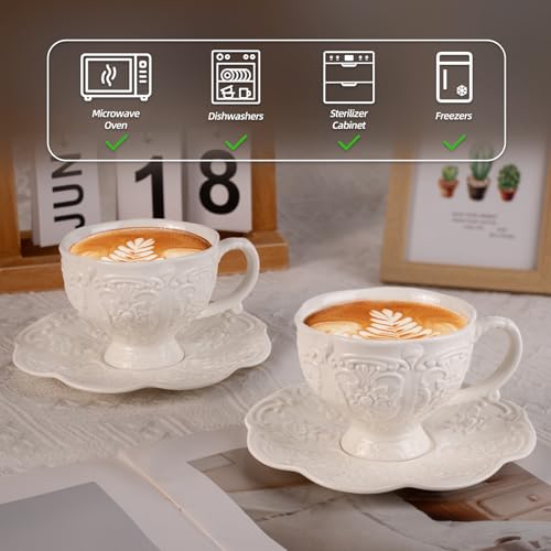 KAMMAK Tea Cups and Saucers Set of 2, 7.8 oz Porcelain Coffee Cups, 565N | Stackable Espresso Mugs, Ceramic Demitasse for Coffee, Cappuccino, Latte, Americano, Tea - size: 7KPSP565N