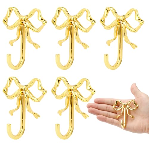 5 Pcs Gold Bow Hooks, Bow Hooks for Wall, Bow Decoration Hook,Decorative Hook, Suitable for Room, Bathroom, Love Shack Fancy Decor (Gold) - color: Gold, size: 5Pcs-Small