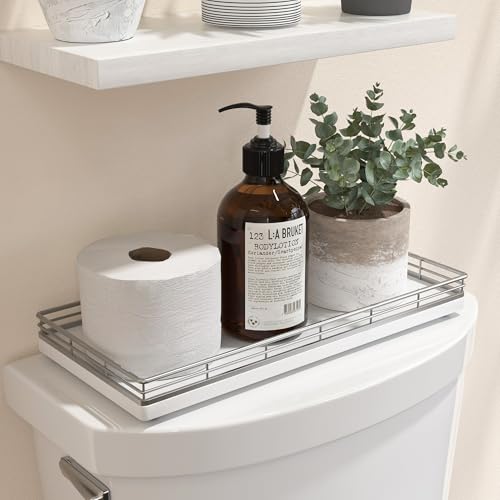 Oak Bathroom Toilet Tank Tray, 13" Wood Back of Toilet Paper Basket Tank Topper Storage, Vanity Tray for Perfume Makeup Candle Toiletry Organizer for Kitchen Coffee Table Silver Tray Decor - color: Silver, size: 13" x 6.5" x 1.5"