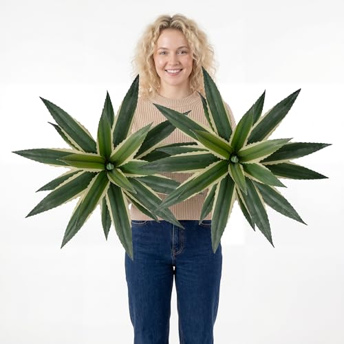 Agave Plant Artificial 23.6" Faux Agave Plant Indoor Outdoor Fake Agave with 21 Sawtooth Edge Leaves Realistic Greenery for Porch Patio Garden Home Decor 2 Pack Without Pot(White Green) - color: White Green 24"-2