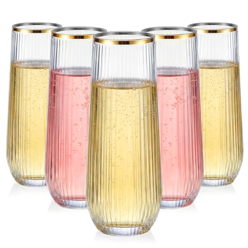 GuanQiao 24 Pack Stemless Plastic Champagne Flutes with Gold Rim, 9oz Ribbed Disposable Champagne Glasses. Heavy Duty Shatterproof Mimosa Glasses for Party, Wedding and New Years Eve Supplies - color: Gold Rim, size: 24-pack