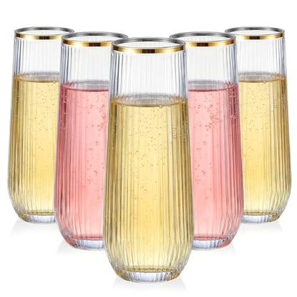 GuanQiao 24 Pack Stemless Plastic Champagne Flutes with Gold Rim, 9oz Ribbed Disposable Champagne Glasses. Heavy Duty Shatterproof Mimosa Glasses for Party, Wedding and New Years Eve Supplies - color: Gold Rim, size: 24-pack