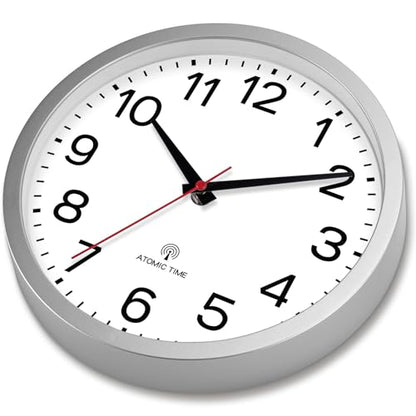 AKCISOT 10 Inch Wall Clock, Silent Battery Operated Analog Clock, Silver | Atomic | Classroom | Kitchen | Office | Easy to Read Numbers | Garage - color: Atomic_silver White, size: 10 Inch