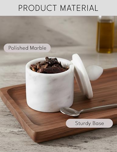 Marble Salt Cellar with Lid 4" Inch White Handmade Salt Jar & Table Salt Storage For Kitchen Countertop, Ideal Salt Container, Salt Dish & Sugar Bowl For Table - color: White