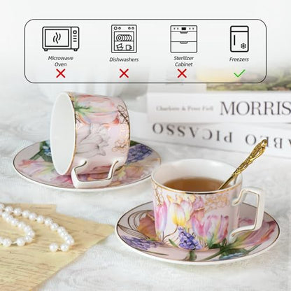 KAMMAK Tea Cups and Saucers Set of 2, Porcelain Coffee Cups, NX022 | Gold Rim, Stackable Espresso Mugs, Ceramic Demitasse for Coffee, Latte, Americano, Afternoon Tea, Elegant Gift for Women - size: 8CZNX022