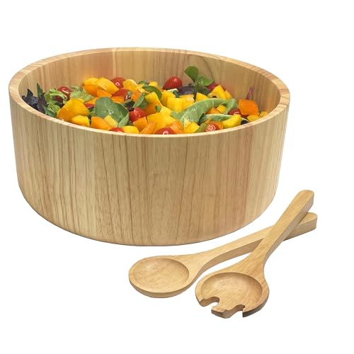 Woodard & Charles Rubberwood 11" Salad Bowl with Servers, 3 Piece Set | Wood Salad Bowl with 10" Matching Servers; Serve Salad, Fruit, Popcorn and Chips and More. Great for Everyday Use or Parties - size: 11" x 4" Rubberwood Bowl with Servers