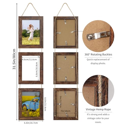 5x7 Collage Picture Frames Set of 2, Rustic Wooden Real Glass Vertical Hanging 3 Opening 5 by 7 Photo Frame, Distressed Brown - color: Distressed Brown, size: Vertical-5x7 in