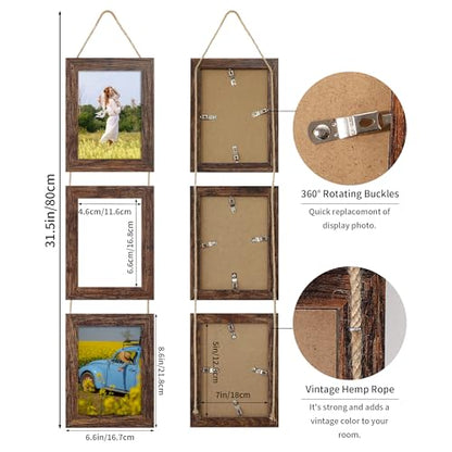5x7 Collage Picture Frames Set of 2, Rustic Wooden Real Glass Vertical Hanging 3 Opening 5 by 7 Photo Frame, Distressed Brown - color: Distressed Brown, size: Vertical-5x7 in