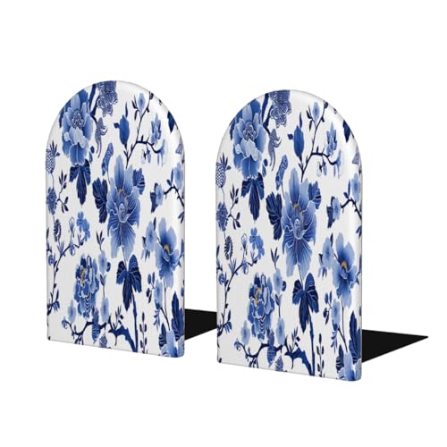 Blue Flower Leaves 2Pcs Book Ends for Shelves Non-Skid Wood Bookends Decorative Back to School Books Holders Book Stoppers Bookshelf Accessories for Desk Home Office School Decor (1 Pair) - color: Blue Flower Leaves