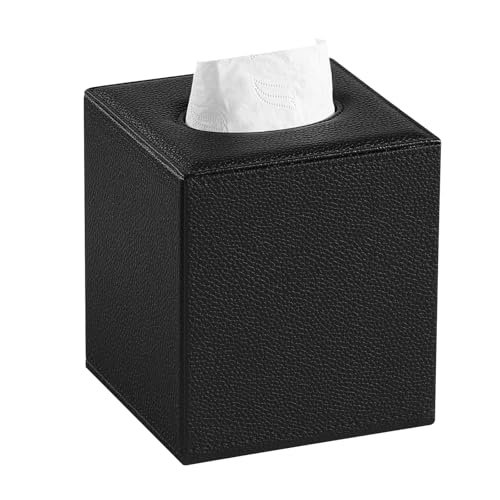 PU Leather Tissue Box Cover Square Tissue Box Holder, Black | Magnetic Closure, Decorative Tissue Holder for Bathroom Bedroom Office - color: Black