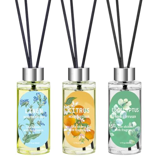 Reed Diffuser Set, Eucalyptus, Linen, Citrus, Oil Diffusers with 15 Reeds | 1.7 fl oz Each, Long-Lasting Home Fragrance for Bedroom, Bathroom Decor, 3 Pack, Total 5.1 oz