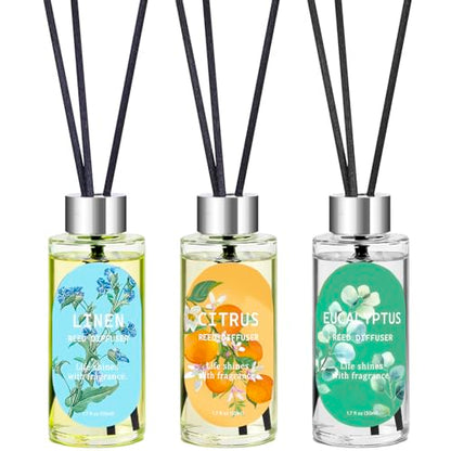 Reed Diffuser Set, Eucalyptus, Linen, Citrus, Oil Diffusers with 15 Reeds | 1.7 fl oz Each, Long-Lasting Home Fragrance for Bedroom, Bathroom Decor, 3 Pack, Total 5.1 oz