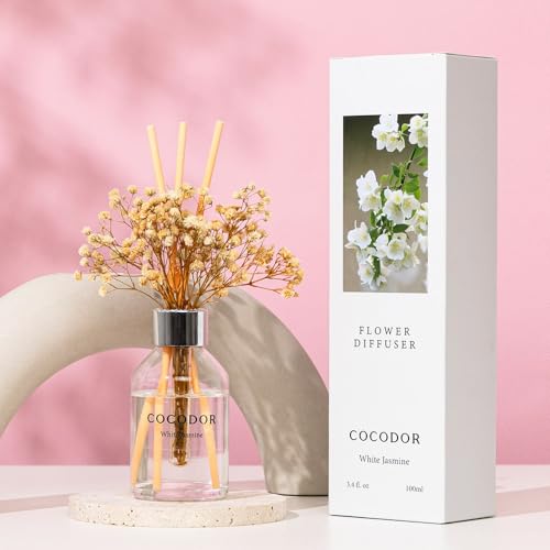 COCODOR Flower Reed Diffuser Set / 3.4oz / White Jasmine/Scent Diffuser with Sticks Home Fragrance Reed Diffuser for Bathroom Shelf Decor - size: Flower/3.4Ounce
