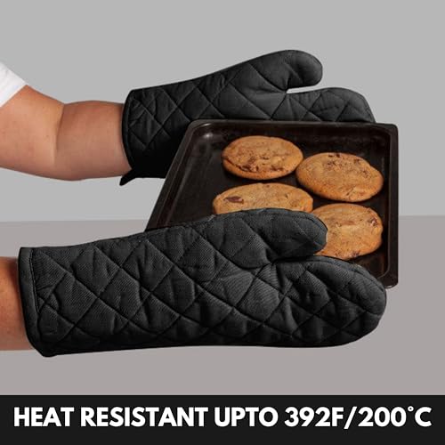 Oven Mitt & Pot Holder 100% Cotton Easter Heat Resistant Oven Gloves (7"x13") & Hot Pads (8"x8") Combo for Gifts, Cooking - Black - color: Black