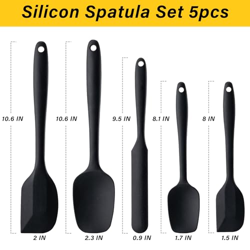 Silicone Spatula Set,5 Piece Food Grade Rubber Spatulas,Black | Spatulas Silicone Heat Resistant for Baking,Cooking,and Mixing High Heat Resistant Non Stick Dishwasher Safe BPA-Free - color: Black