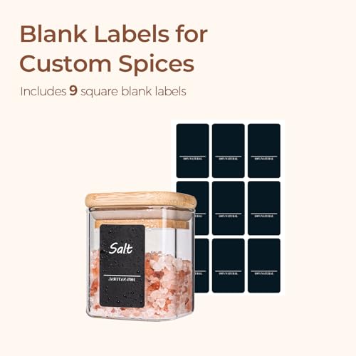 ComSaf Glass Spice Jars with Labels 4 oz 6 Pack Small Square Bamboo Lids | Empty Containers, Seasoning Herbs Powders, Salt Pepper Chili, Kitchen Cabinet Storage Starter Set, Dry Goods