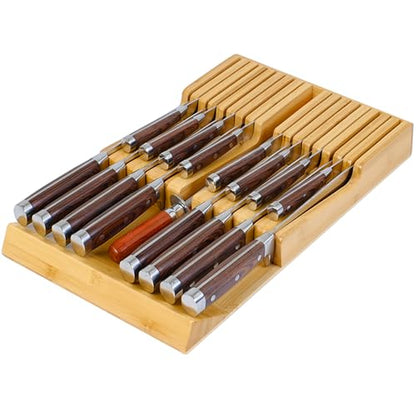 Bamboo Kitchen Drawer Knife Holder, In-drawer Knife Block, Knife Drawer Organizer fit for 16 knives and 1 steel sharpening | Compact design,17 Slots, Thicker Base Board, Large Drawer Knife Storage For Steak, Paring, Bread Knives, Sharpening Steel - size: