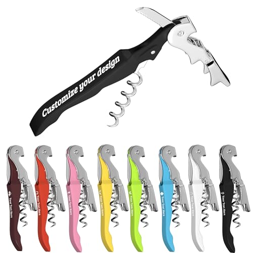 Custom Wine Opener Bulk, Laser Personalized Logo & Text, for Bar Weddings | Waiter Corkscrew Wine Key with Foil Cutter,Double Hinged Stainless Steel Wine Bottle Opener,for Servers,Bartenders,Sommelier - color: Black
