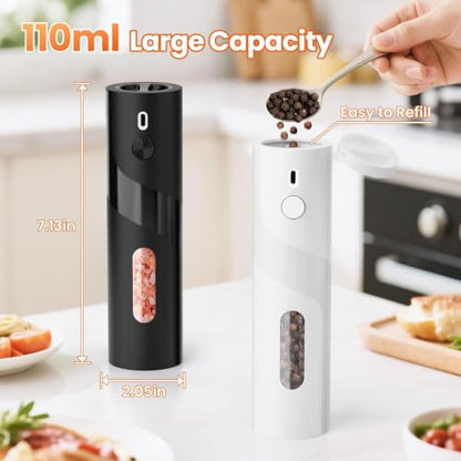 110ml Electric Salt and Pepper Grinder Set 2 Pack Rechargeable Auto Shakers | Large Capacity Spice Mill with Adjustable Coarseness for Kitchen, Cooking, Outdoor Dining and Home Use (Black & White)