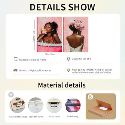 Framed modern abstract African American women's wall Art (Set 2), canvas high-definition printing, Bohemian black girl bathtub coffee fashion with pink flower on her head Black woman picture, living room, bedroom, bathroom, office decoration, 12x16 inches