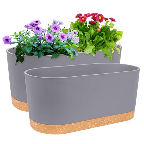QCQHDU 16" L x 7.6" W x 7" H Window Planter Box, 2 Pack Self Watering Pots for Indoor Plants with Drainage Holes & Saucer, Outdoor Flower Pots Home Garden Modern Decor - color: Light Grey, size: 16 inch L x 7.6 inch W x 7 inch H