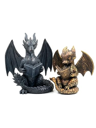 Stylor Fantasy Dragon Bookends Set of 2 - Romantasy Bookish Gifts for Fantasy Readers, Vintage Gold & Black Statues Bookshelf Decor for Book Lovers, Heavy Duty Resin Figurine Reading Dragon Book Ends
