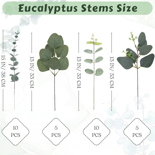 Eucalyptus Leaves Stems 30 PCS, 4 Kinds Mixed Artificial Greenery Stems for Wedding Decor Vase Floral Arrangement Centerpiece