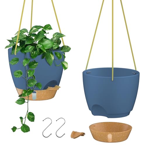 ZMTECH 10 Inch Hanging Planters for Indoor Plants & Outdoor - 2 Pack Self-Watering Hanging Pots with Drainage Holes, Visual Reservoir, Plastic Hanging Baskets Flower Pots with Removable Saucer, Blue - color: Blue, size: 10 Inch