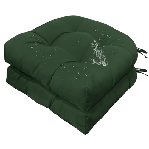 Gnostik 2 Pack Outdoor Wicker Chair Cushions Dark Green Waterproof Rocking Chair Cushion U Shaped Patio Replacement Cushions with Ties for Porch, Garden,18.6" x 18.6" - color: Dark Green