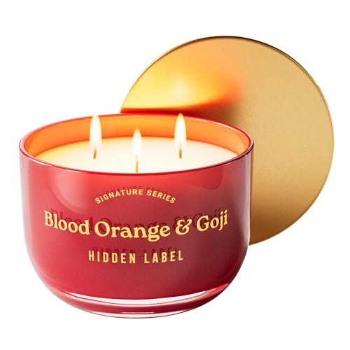 Hidden Label Blood Orange & Goji Candle, 18oz Soy 3-Wick Large Soy Wax | 70+ Hour Burn | Citrus Berry Fusion | Non Toxic Plant Wax | Triple Flame Design | Gift Ready Decor - color: Blood Orange & Goji