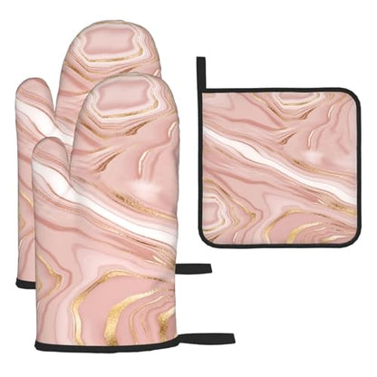 Pink Golden Marble Oven Mitts and Pot Holders Sets of 3 | Heat Resistant Hot Pads Rose Pink Modern Oven Gloves For Kitchen Cooking Bbq Baking - color: Pink Gold