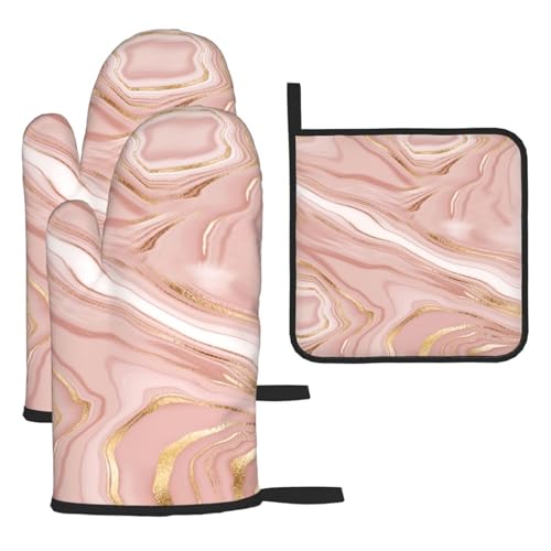 Pink Golden Marble Oven Mitts and Pot Holders Sets of 3 | Heat Resistant Hot Pads Rose Pink Modern Oven Gloves For Kitchen Cooking Bbq Baking - color: Pink Gold