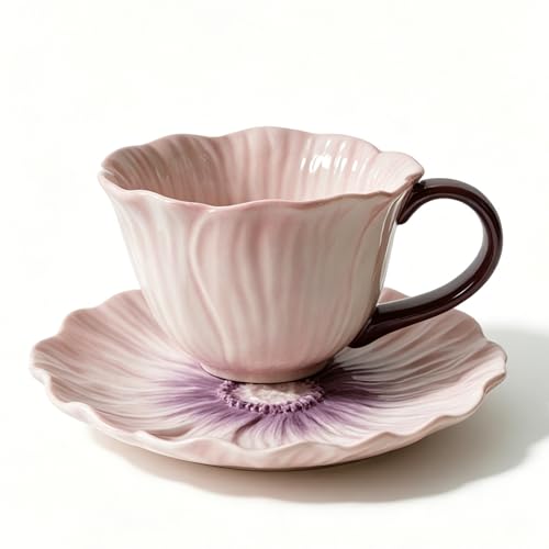 Decorative Ceramic Flower Coffee Cup Set, 5.5 Inch, Peony Floral Design, Serving Dish for Desserts and Fruits, Elegant Tableware (Orchid) - color: Orchid
