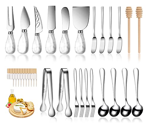 Marble Ceramics Charcuterie Accessories, Cheese Spreader Knive Set for Ceramics Silver Handle Butter knives, Mini Cheese Knife Kit Slicer With Tongs, Spoons, Forks,Honey Dipper (23 Pack) - color: Marble Silver