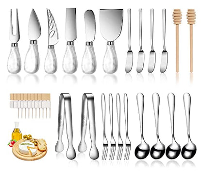 Marble Ceramics Charcuterie Accessories, Cheese Spreader Knive Set for Ceramics Silver Handle Butter knives, Mini Cheese Knife Kit Slicer With Tongs, Spoons, Forks,Honey Dipper (23 Pack) - color: Marble Silver