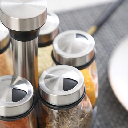 Spice Jars with Rack, Revolving Spice Rack Organizer Countertop Stainless Steel Seasoning Rack Set with 6 Glass Jar Bottles Set for Home Kitchen (Single layer)