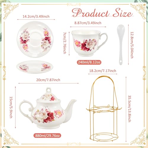 Zhehao 20 Pcs Porcelain Tea Set with Metal Holder and Spoon Adult Ceramic Tea Set European Flower Painting Teapot Cup Saucer Spoon for Women Mom Gift, Large Version (Grace Style) - color: Grace Style