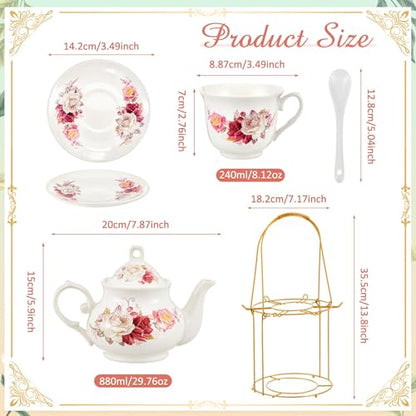 Zhehao 20 Pcs Porcelain Tea Set with Metal Holder and Spoon Adult Ceramic Tea Set European Flower Painting Teapot Cup Saucer Spoon for Women Mom Gift, Large Version (Grace Style) - color: Grace Style