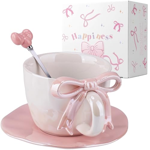 NiHome Pearl Pink Ceramic Coffee Mug Set with Saucer and Slanted Bow Spoon for Home and Office, 10 oz Tea Cup for Women Girls, Dishwasher and Microwave Safe - color: Pink, size: 10 Ounces