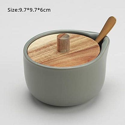 everous Salt Box base grey color Salt Cellar Elegant Design salt Boxes Big Capacity Wood lid grey Ceramic Base with spoon salt pot