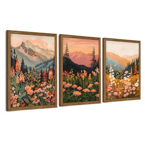WRFON Botanical and Flower Canvas Wall Art, Framed Mountain Landscape Wall Art Set of 3, Wildflower Meadow Canvas Print, Rustic Nature Decor for Living Room Bedroom Cabin Lodge Farmhouse Decor, 12x16 - color: Mountain Landscape(Framed), size: 16"L x 12"W