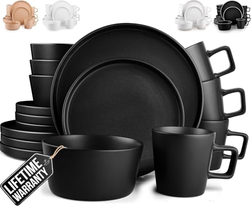 Zulay Kitchen Terra Plates and Bowls Sets, 16 Piece Modern Stoneware Dish Set for 4, Chip and Scratch Resistant Ceramic Dinnerware Set, Microwave and Dishwasher Safe, Matte Black - color: Stone Black, size: Service for 4