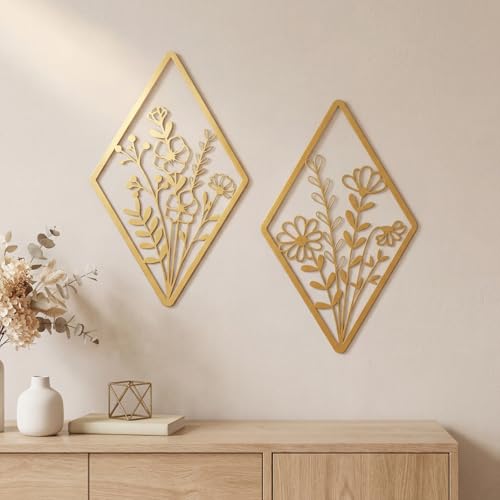 PullCrease 2 Pcs Metal Wall Art, Metal Flower Wall Decor, Modern Floral Art for Living Room, Bedroom, Bathroom, Rustic Farmhouse Decor, Sculpture Kitchen Decoration(Gold) - color: Gold