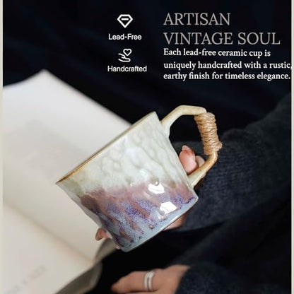 10oz Handmade Ceramic Tea Cup with Handle, Pottery Tea Mug | Lead-Free,Retro Vintage Japanese Style, Small Handmade mug,Reactive Glaze Artisanal Tea cup, Purple