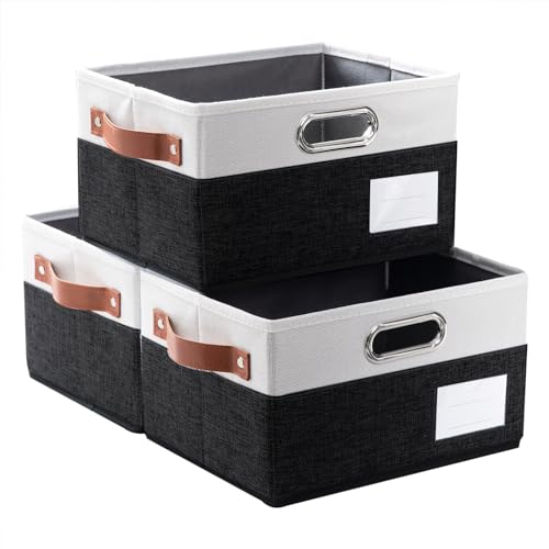 Foldable Storage Bins with Handles [3-Pack] Fabric Collapsible Storage Boxes Baskets Cubes Containers with Handles for Closet Living Room Bedroom (Black & White 11.5x8.5x6.7'') - color: Black & Cream, size: Medium(3-Pack)