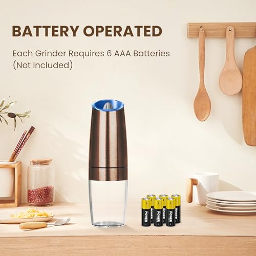 Battery Gravity Salt Pepper Grinder Set, 2 Pack (Copper) | Gravity Automatic Grinder With LED Light & Adjustable Roughness, Each Requires 6 AAA Batteries For Kitchen Daily Seasoning - color: Battery/Set/Copper