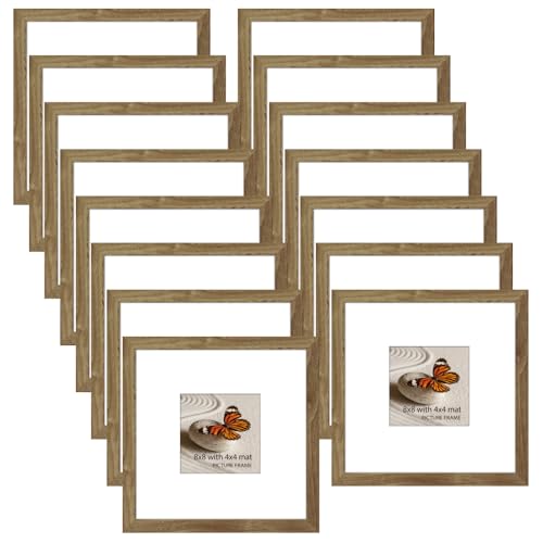 Memory Island 8x8 with 4x4 Photo Frames for Wall and Tabletop Display, 8 by 8 Walnut Wood Picture Frames with HD Plexiglass, Set of 15 - color: Walnut Wood Grain, size: 8x8"